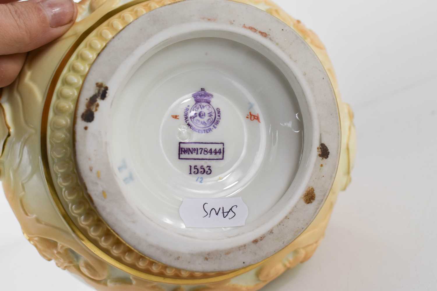 A Royal Worcester blush ivory vase, decorated with a dragonfly, model number 1553, puce marks for - Image 3 of 3