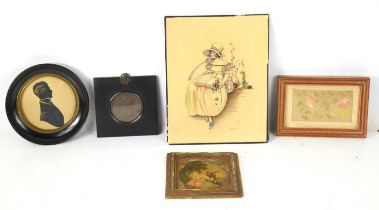 A Regency framed bronzed metal medallion of George III, together with a Victorian silhouette of a
