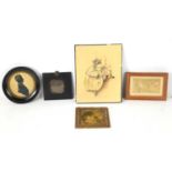 A Regency framed bronzed metal medallion of George III, together with a Victorian silhouette of a