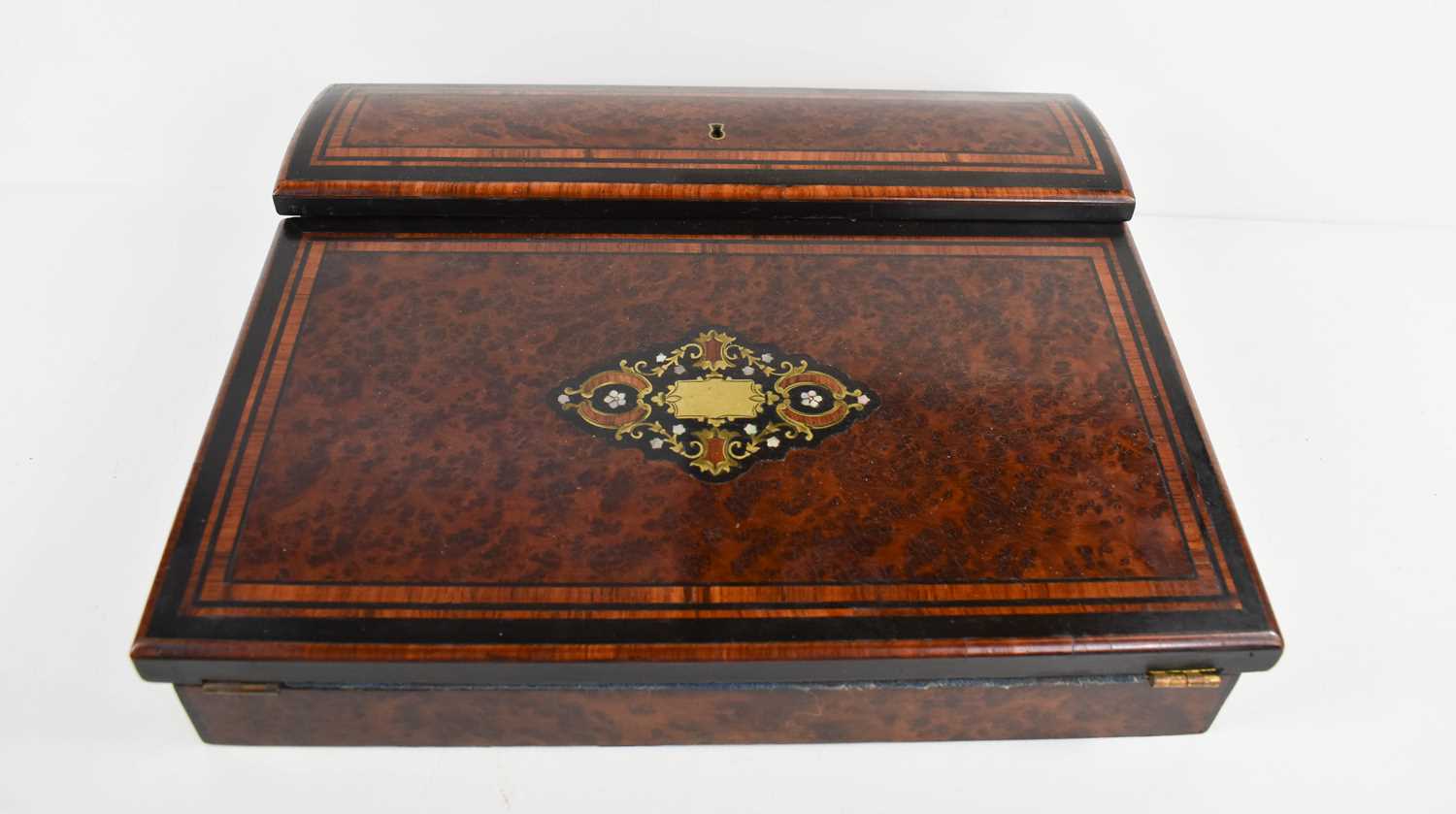 A 19th century writing box, the burr veneered top having kingwood and ebony borders, and the sloping - Image 4 of 4