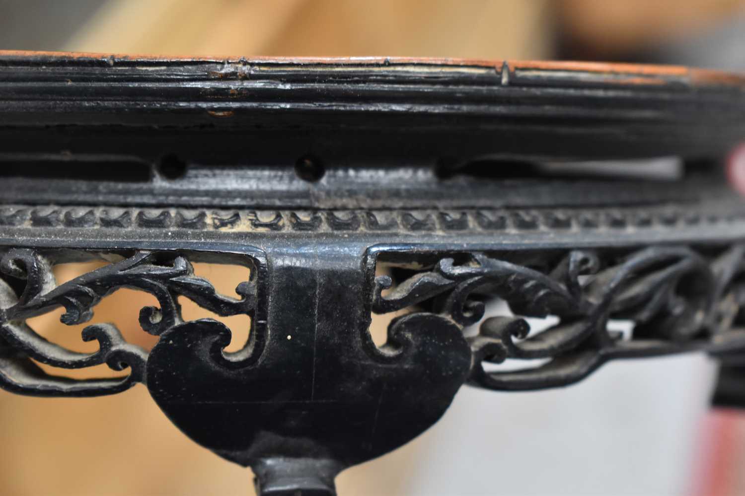 An antique mahogany table easel, together with a Chinese carved stand, a group of roundel ebonised - Image 6 of 8