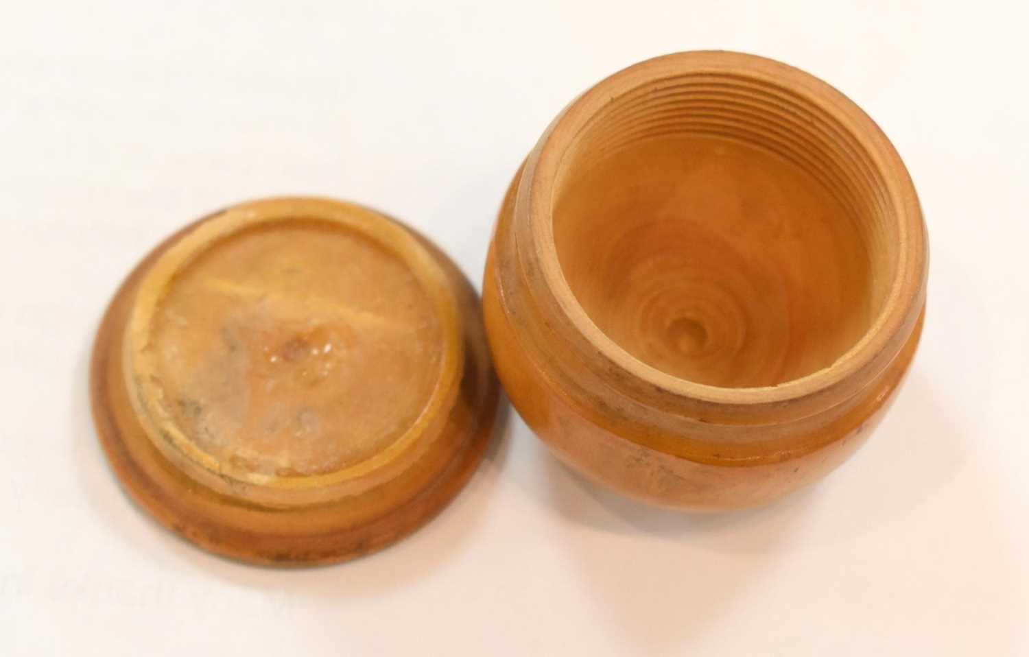 A selection of 19th century treen to include a coquilla nut carved vinaigrette, four snuff boxes - Image 4 of 16