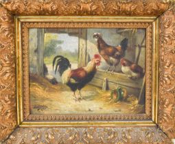 J A Wosley (19th century): Hens in a hen house, oil on board, 18 by 23cm. [Provenance: The Estate of
