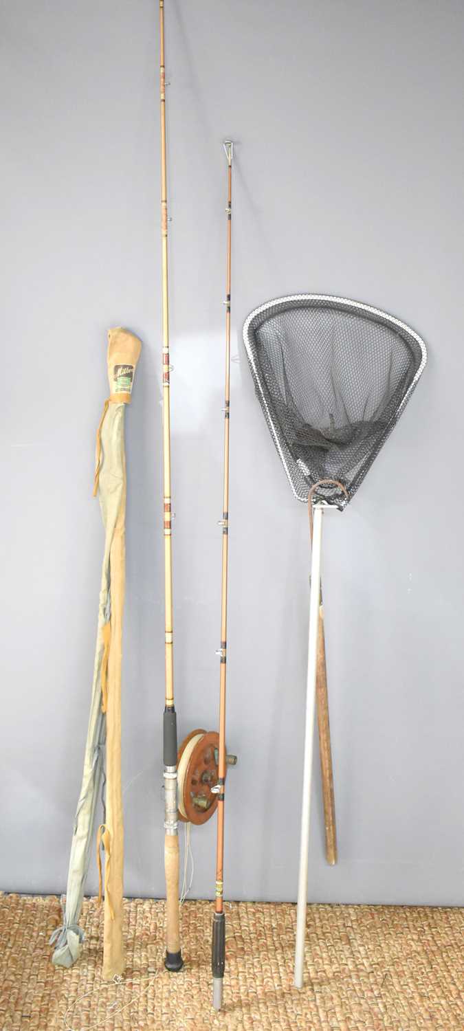 A group of vintage fishing equipment to include a Milbrolite fibre glass rod, a Hardy Sidewinder