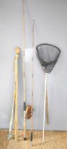 A group of vintage fishing equipment to include a Milbrolite fibre glass rod, a Hardy Sidewinder