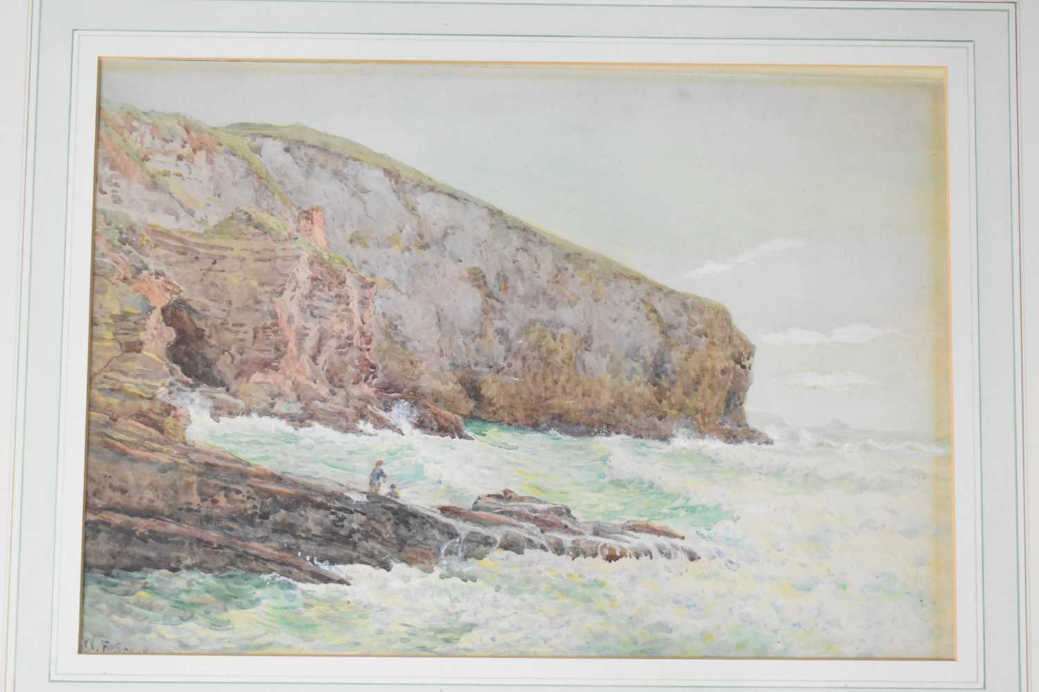 Walter Fryer Stocks (1842-1915): Two Fishermen on the rocks at the base of cliffs, with choppy