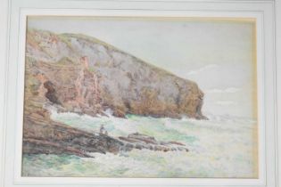 Walter Fryer Stocks (1842-1915): Two Fishermen on the rocks at the base of cliffs, with choppy