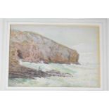 Walter Fryer Stocks (1842-1915): Two Fishermen on the rocks at the base of cliffs, with choppy