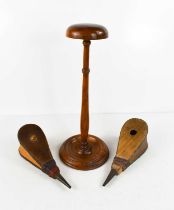 Two French Victorian wig duster bellows together with a treen wig stand 27cm high.