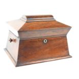 A 19th century rosewood work box, of sarcophagus form,. mother of pearl escutcheon and fitted tray