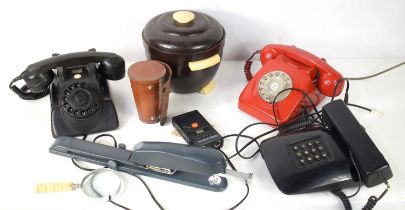 Three vintage telephones to include a GPO 746 rotary phone, together with a Thermos pot, Digi-tape