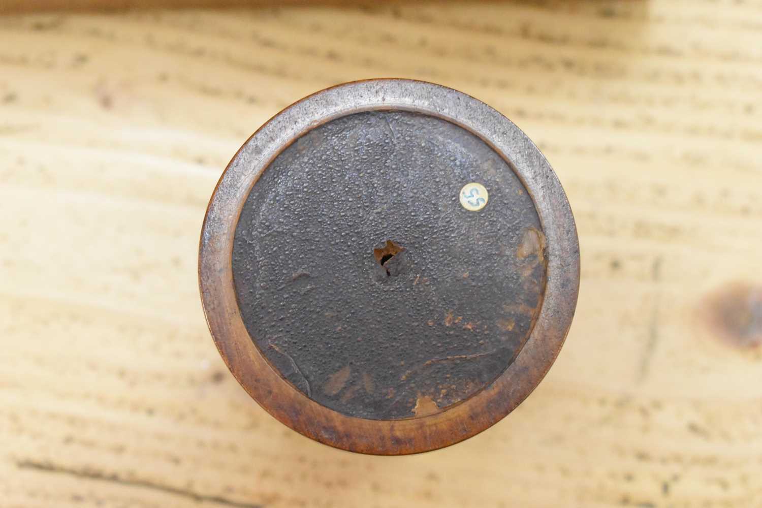 Four pieces of treen, to include a cylindrical brush holder, two standing salts, a hardwood turned - Image 4 of 15