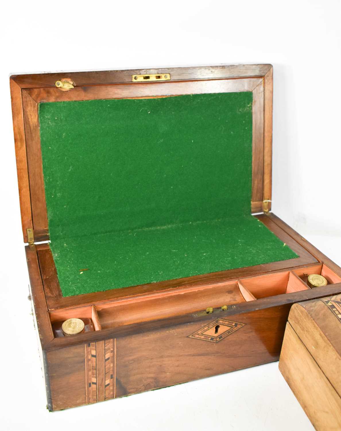 Two 19th century parquetry work boxes, the larger rosewood example having a fitted interior with