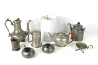 A group of metalware to include a James Dixon "Royle" self pouring pewter teapot, sugar bowl,