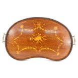 An Edwardian mahogany kidney shaped butler's tray, with marquetry decoration depicting garland of