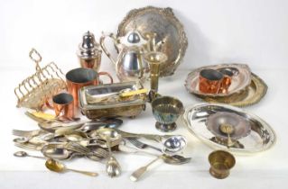 A quantity of silver plate and copper to include a sugar sifter toast rack, cutlery, trays, teapot