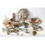 A quantity of silver plate and copper to include a sugar sifter toast rack, cutlery, trays, teapot