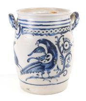 An 18th century German Westerwald two handled stoneware vessel / jar, decorated with birds and