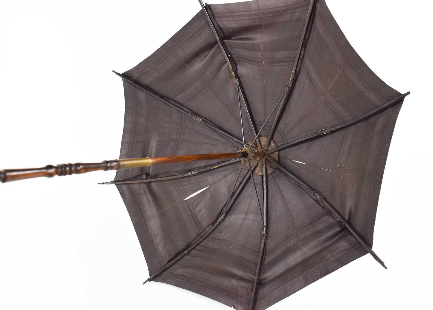 A 19th century childs parasol, the decoratively carved handle in lignum vitae, with silk shade and - Image 3 of 3