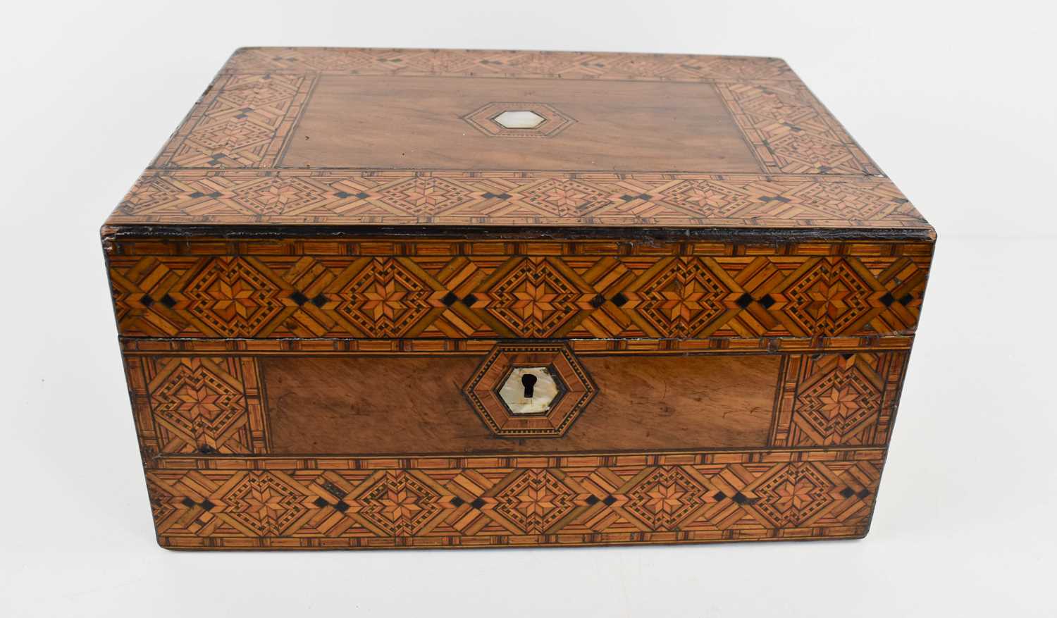 A 19th century Tunbridgeware work box, the lid centred by a hexagonal mother of pearl inlaid plaque, - Image 3 of 3