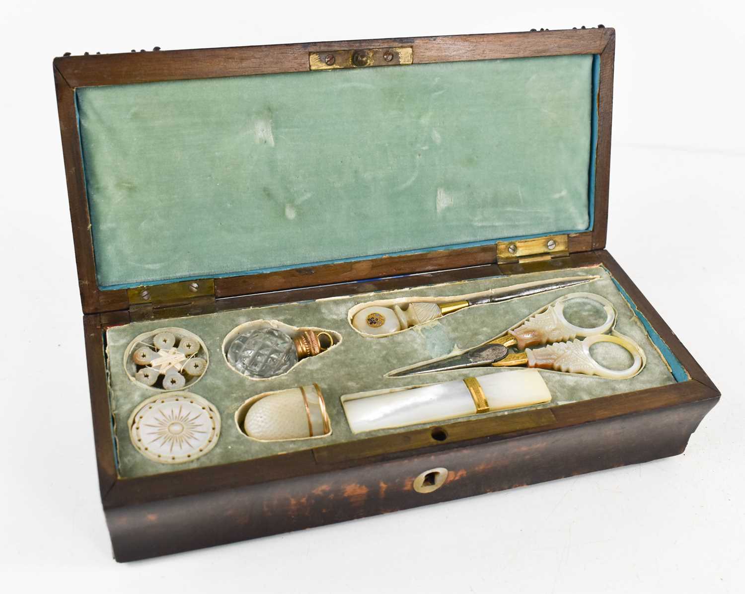 A fine 19th century travelling sewing box, the domed case lined in velvet, and having a fitted upper - Image 2 of 3