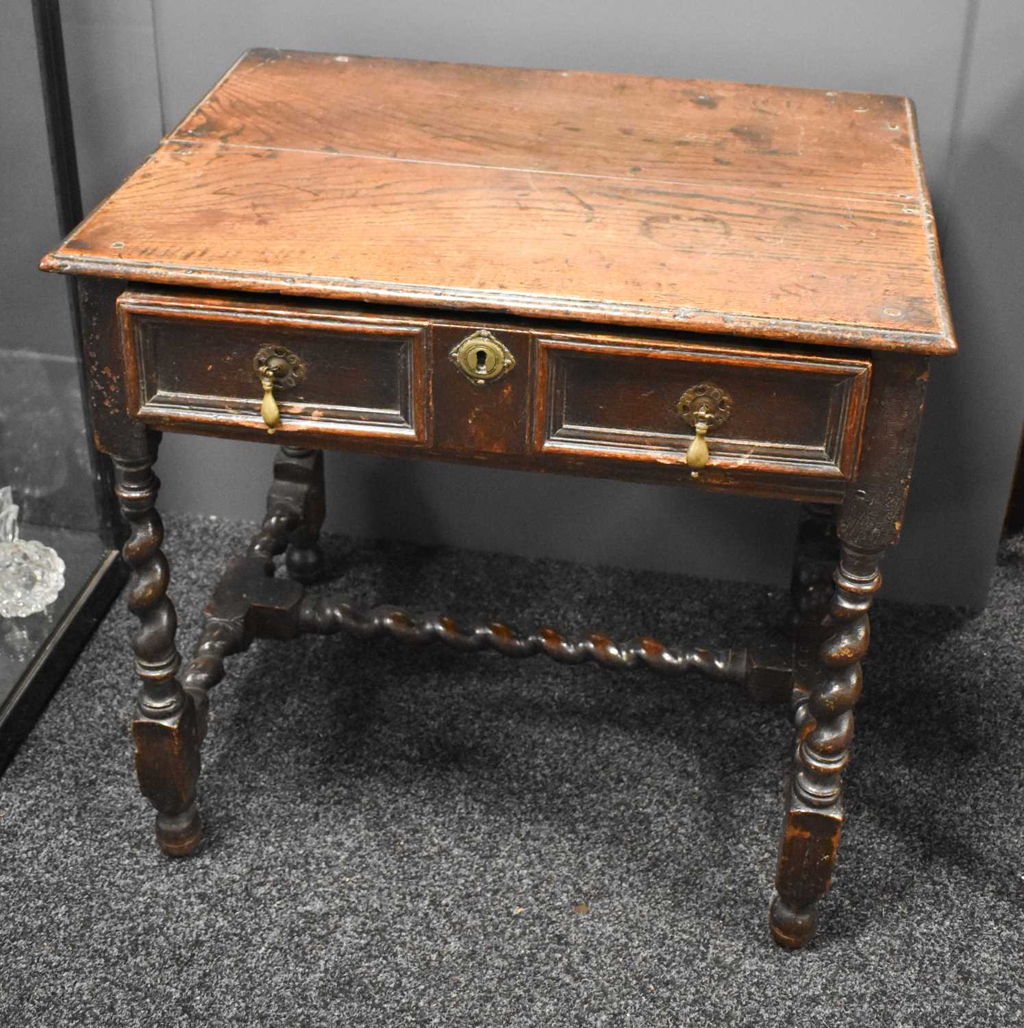 A 17th century oak side table with single drawer, barley twist legs and H form stretcher, top - Image 2 of 2