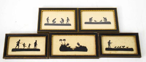 A set of five Victorian papercut silhouettes, depicting various scenes including farmyard, 8½ by