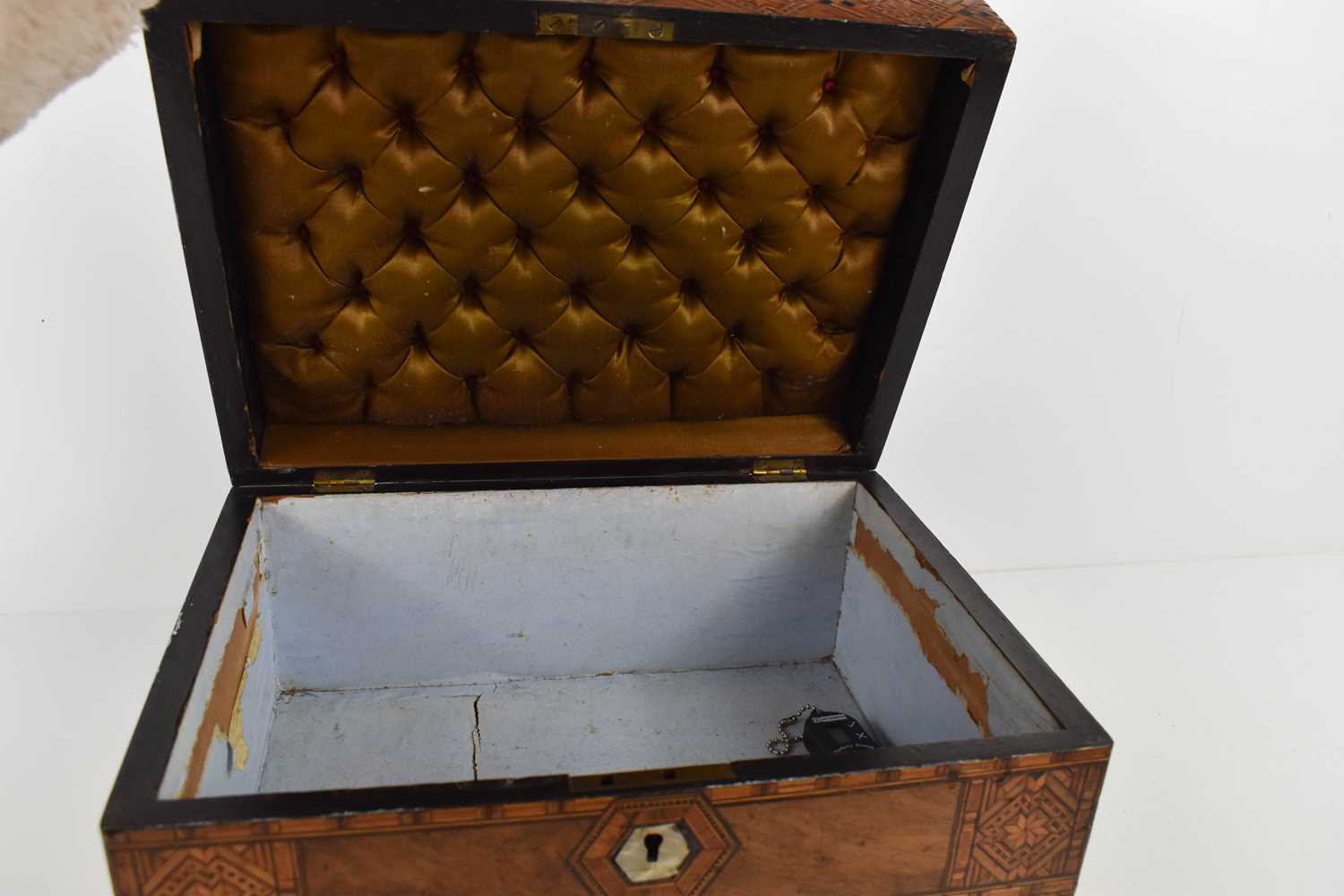 A 19th century Tunbridgeware work box, the lid centred by a hexagonal mother of pearl inlaid plaque, - Image 2 of 3