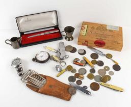 A group of collectables to include a Parker pen set, military penknife and buttons, pocket watch,