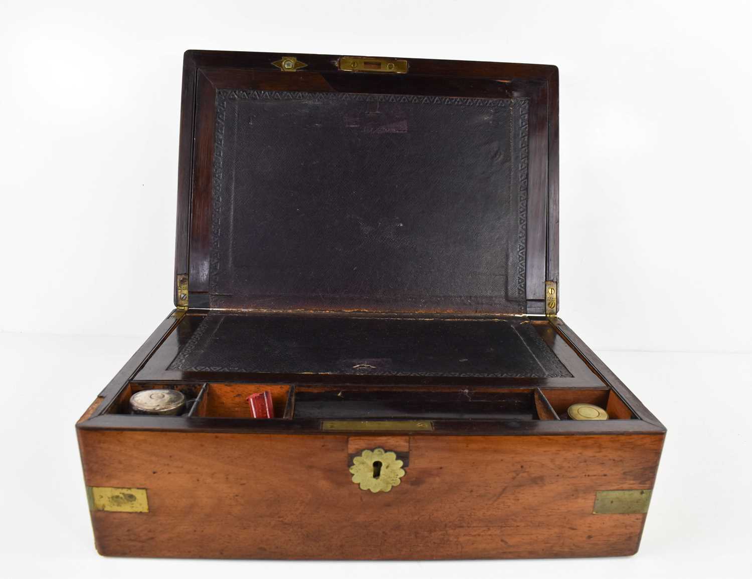 A 19th century rosewood and brass inlaid work box, the lid opens to reveal a leather clad work - Image 3 of 3
