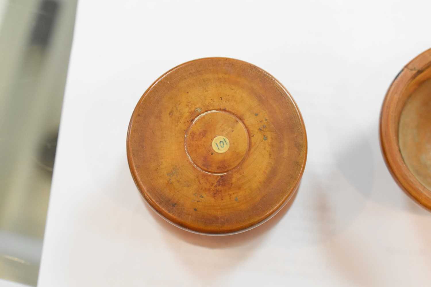 A group of 19th century treen to include a sugar castor, a pill silvering bowl and cover, two - Image 6 of 8