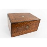 A 19th century Tunbridgeware work box, the lid centred by a hexagonal mother of pearl inlaid plaque,