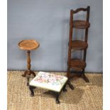 A 19th century mahogany wine table together with an oak folding cake stand a upholstered stool.