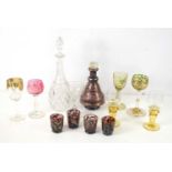 A group of Bohemian drinking glasses to include examples with beehive stems, hock glass with hand