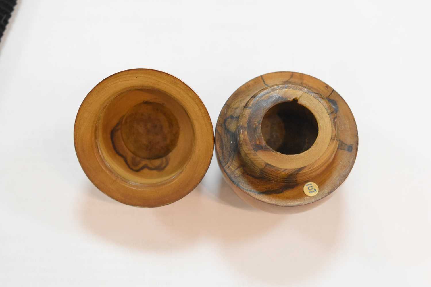 A group of treen sewing aids, to include a 19th century olive wood darning egg form etui, a childs - Image 12 of 14