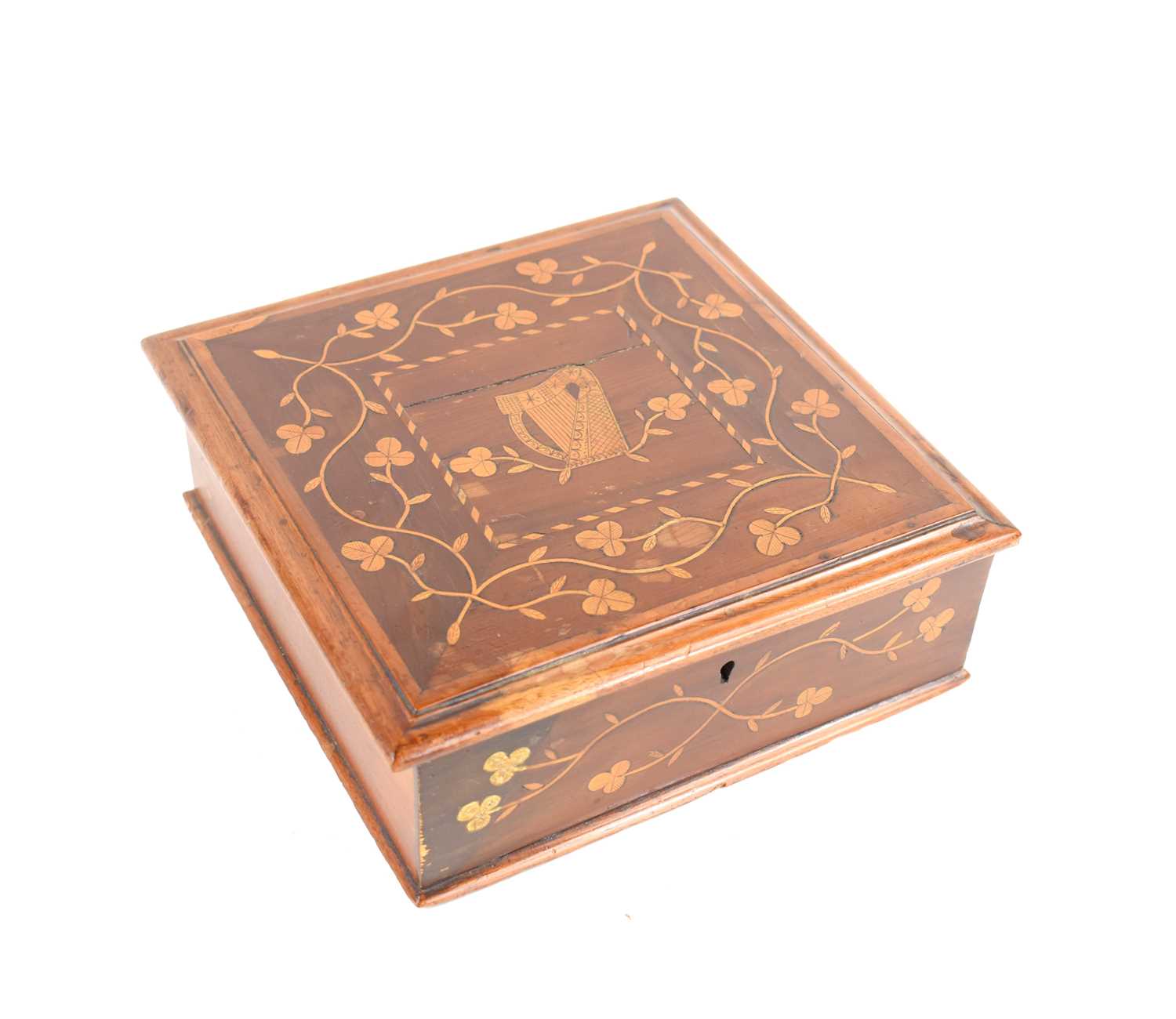 A 19th century marquetry inlaid box, the lid depicting a harp surrounded by floral sprays, 22cm by - Image 2 of 3