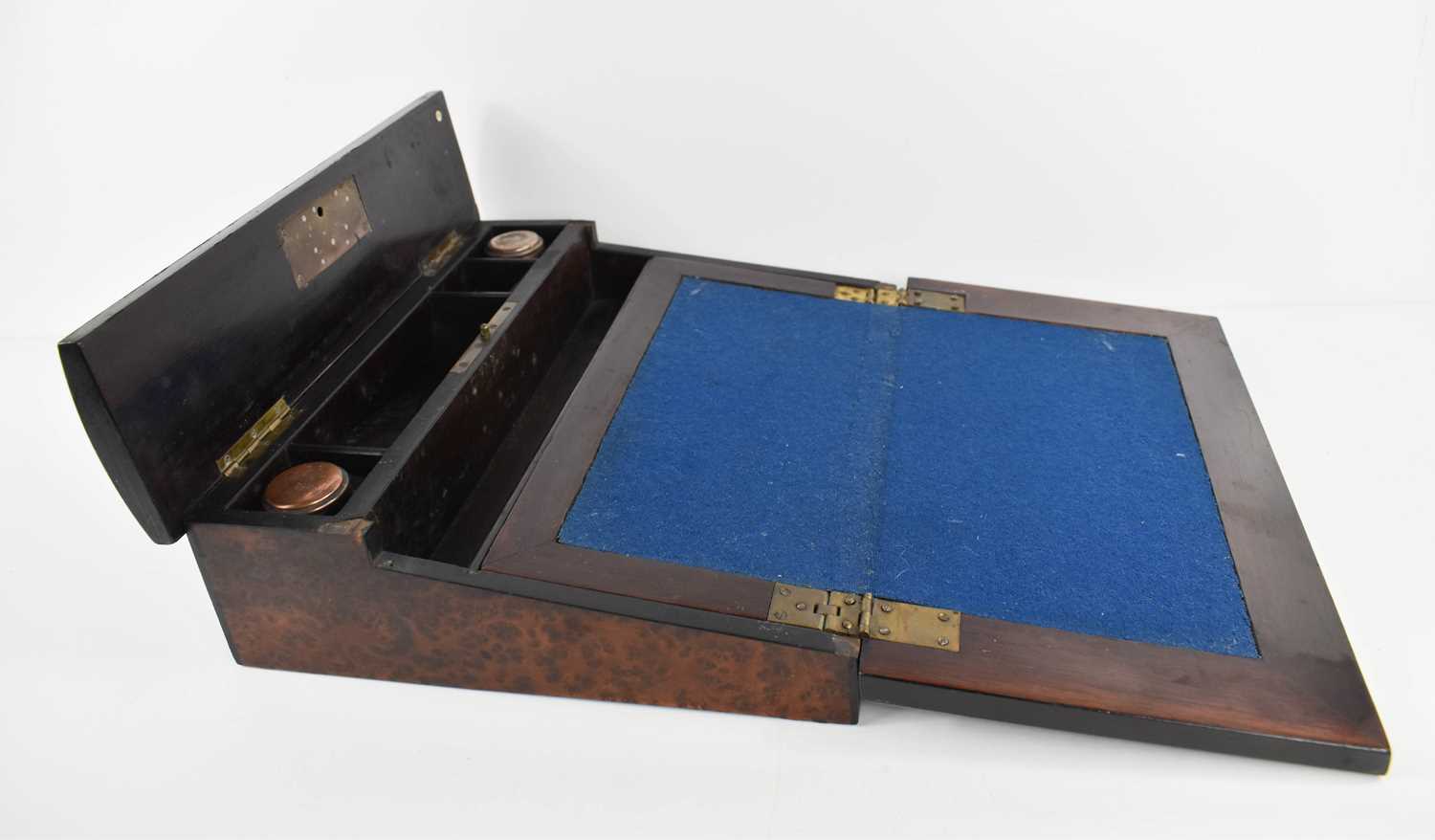 A 19th century writing box, the burr veneered top having kingwood and ebony borders, and the sloping - Image 2 of 4