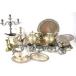 A group of silver plate to include trays, candelabra, candlestick, Barbour Brothers tea set and