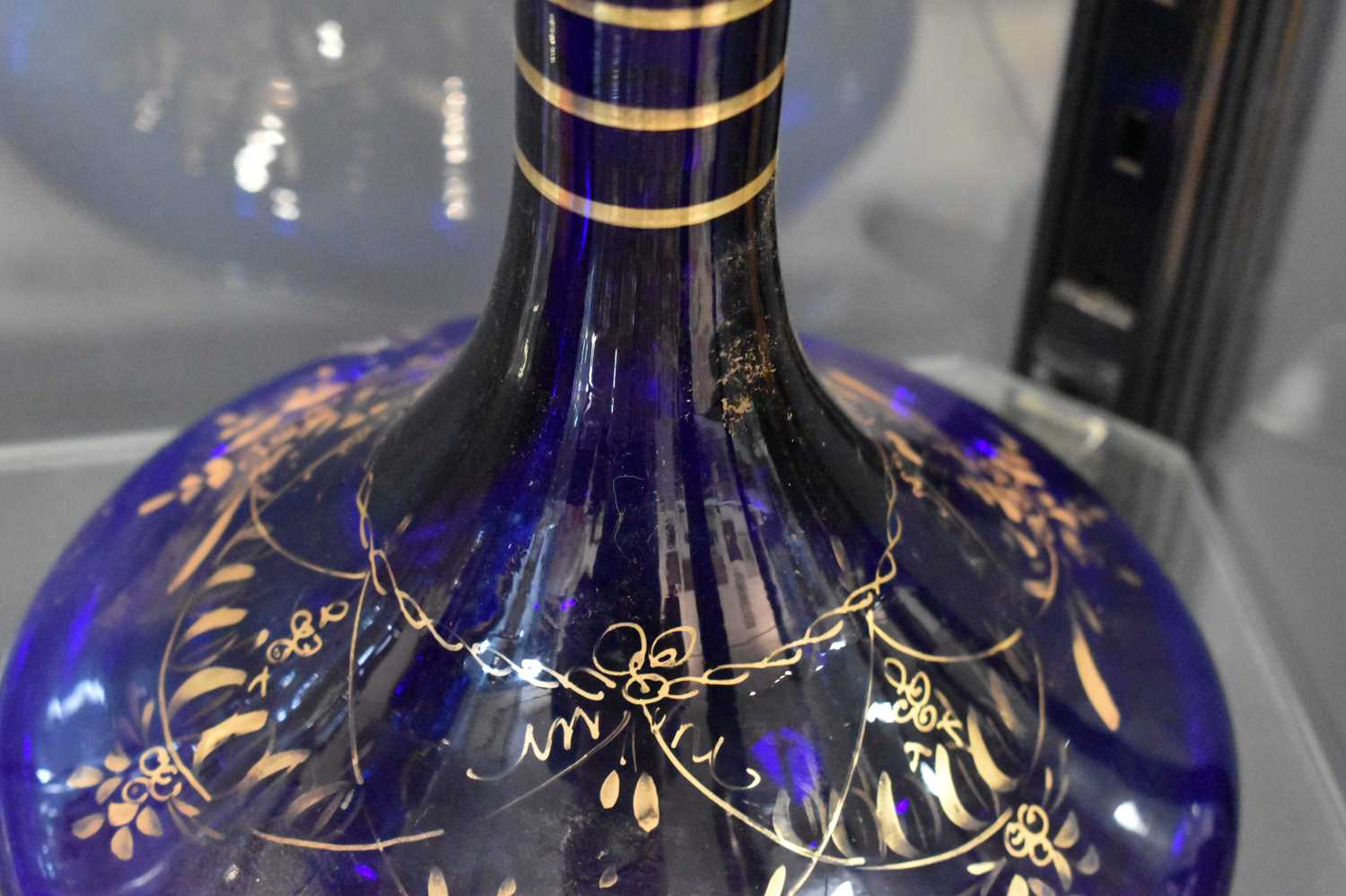 A Victorian cobalt blue glass ships decanter, a similar pair of bottles with stoppers, two glass - Image 5 of 7