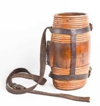 A fine early 19th century coopered barrel, bound in bentwood strapwork, with a leather holster, 26cm