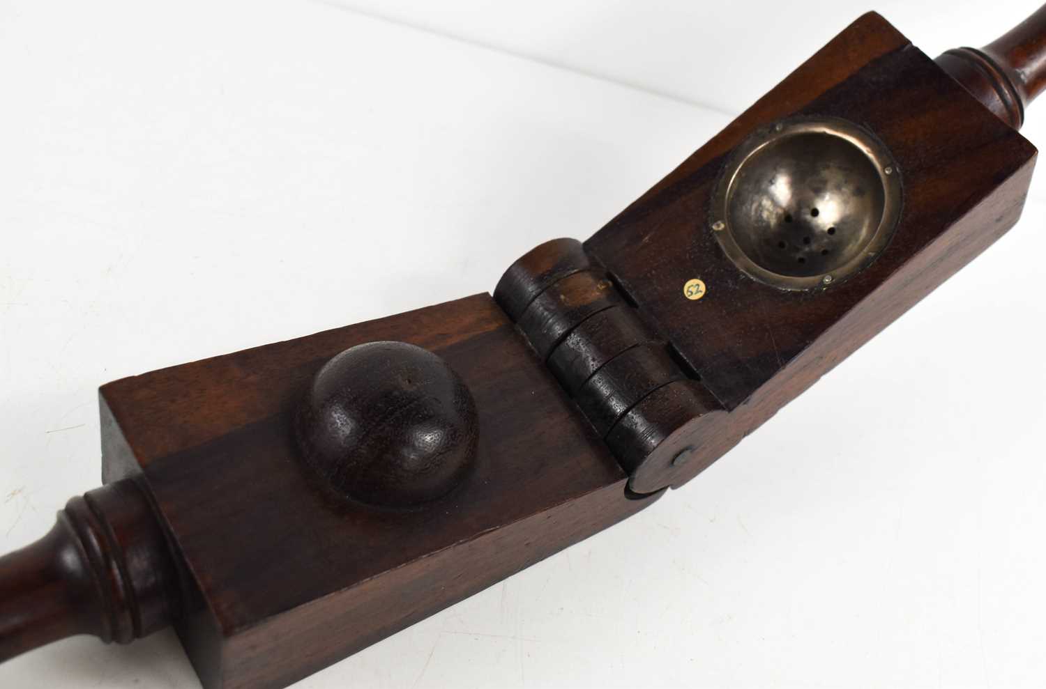 A treen fruit press, likely rosewood, the two turned handles adjoin the hinged blocks, one side with - Image 3 of 3