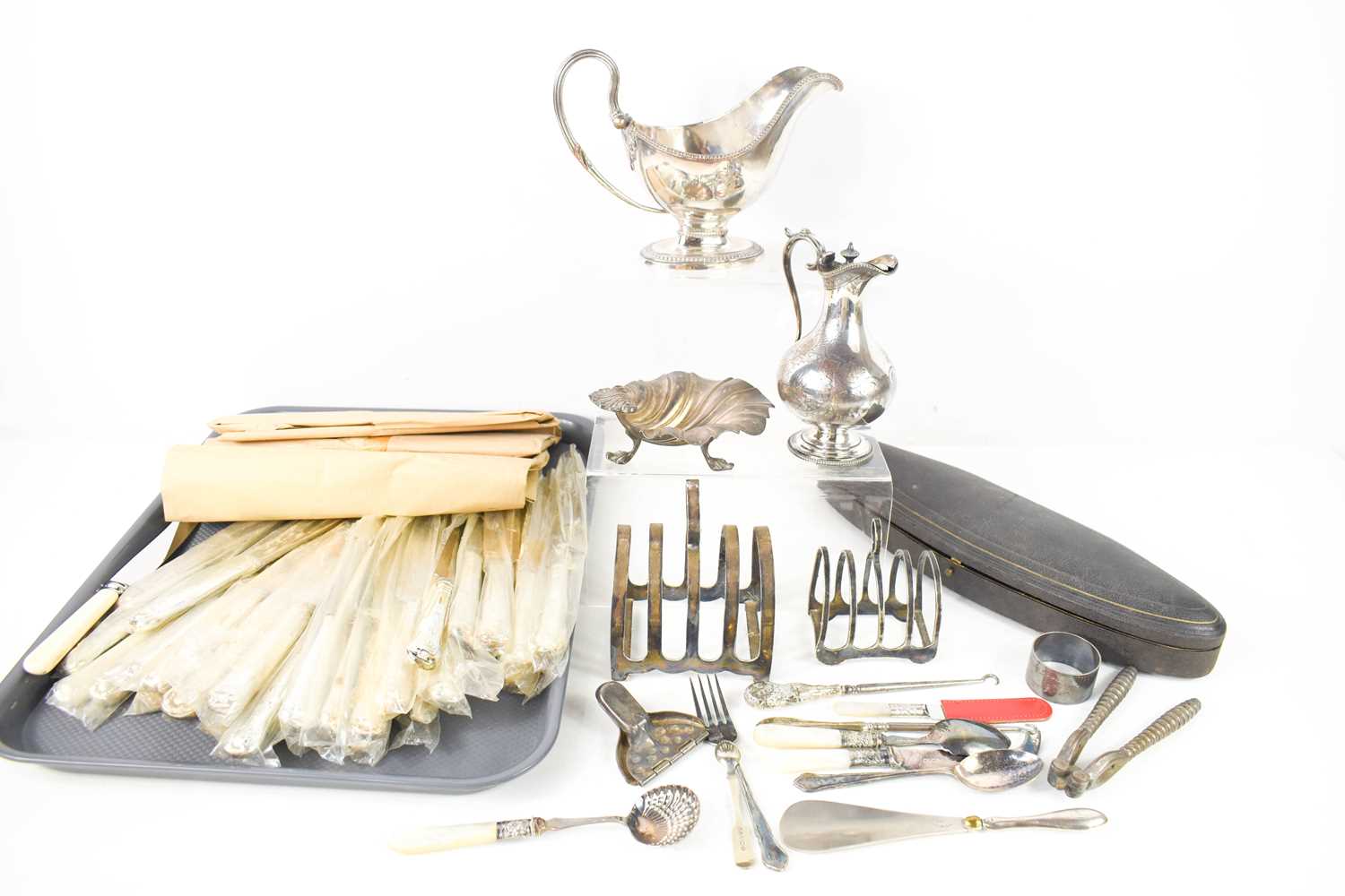 A selection of silver and silver plateware, to include silver handled button hooks and shoe horn,