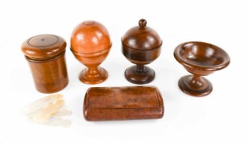 A group of 19th century treen to include a fruitwood pill silvering device, a screw top box,