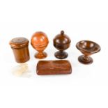 A group of 19th century treen to include a fruitwood pill silvering device, a screw top box,