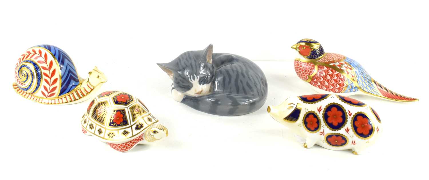 Four Royal Crown Derby Imari paperweights comprising of a pheasant with ceramic stopper, a pig