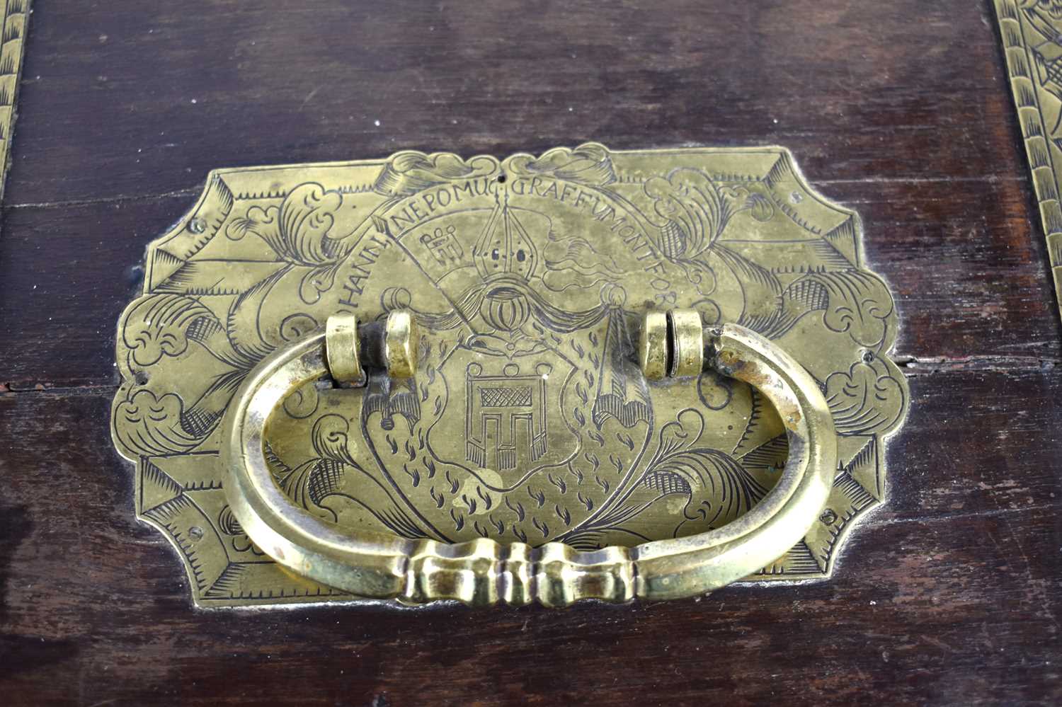 An 18th century German brass bound deed box, the central cartouche engraved for Johann Nepomuk Graff - Image 4 of 4