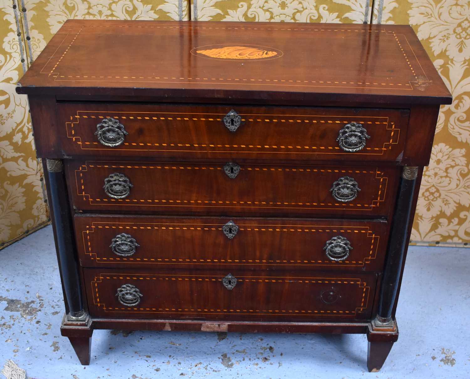 A 19th century French chest of drawers with a stepped front housing four graduated drawers flanked - Image 2 of 2