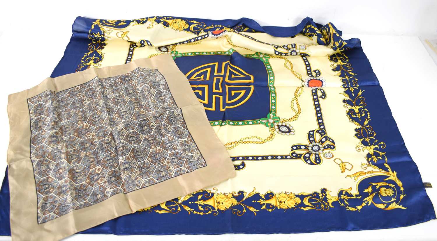 A vintage Hermes style silk scarf with pearls and ribbons pattern, together with a Liberty silk