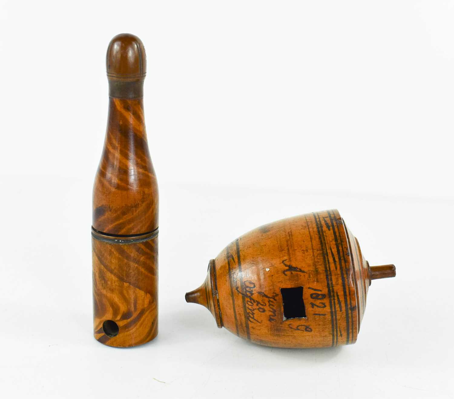 A 19th century olive wood egg etui, hand painted with decorative borders, and 1821, A G, June 20,