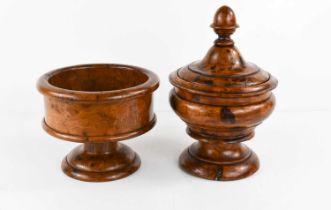 A 19th century burr elm master salt, stamped W Carrick to the base, together with a similar burr elm